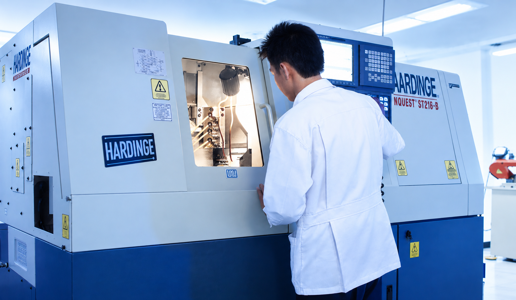 Hardinge Nquest ST216-B CNC turning machine with operator at Technic Enterprise precision machining factory, Samut Prakan Thailand