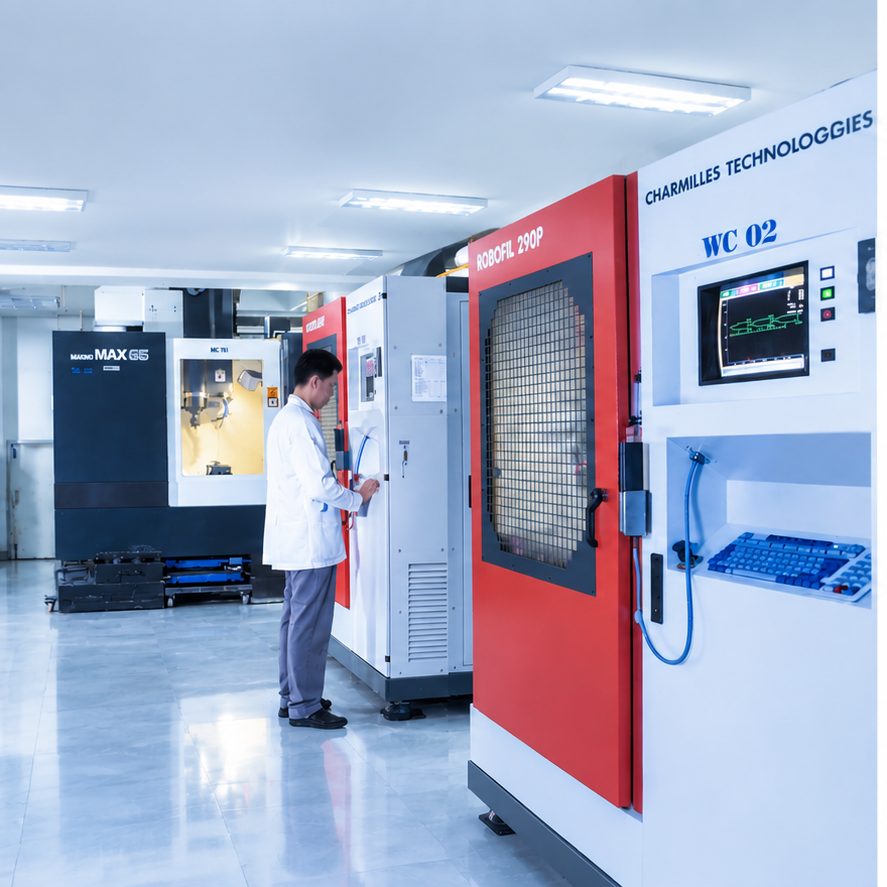 Charmilles Robofil wire cut EDM machines and Makino machining center in Technic Enterprise CNC workshop, Thailand